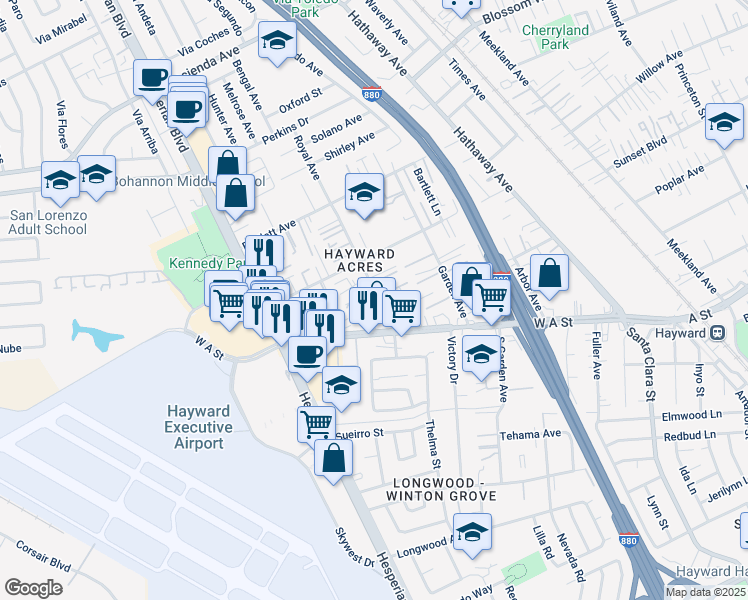 map of restaurants, bars, coffee shops, grocery stores, and more near 21063 Royal Avenue in Hayward