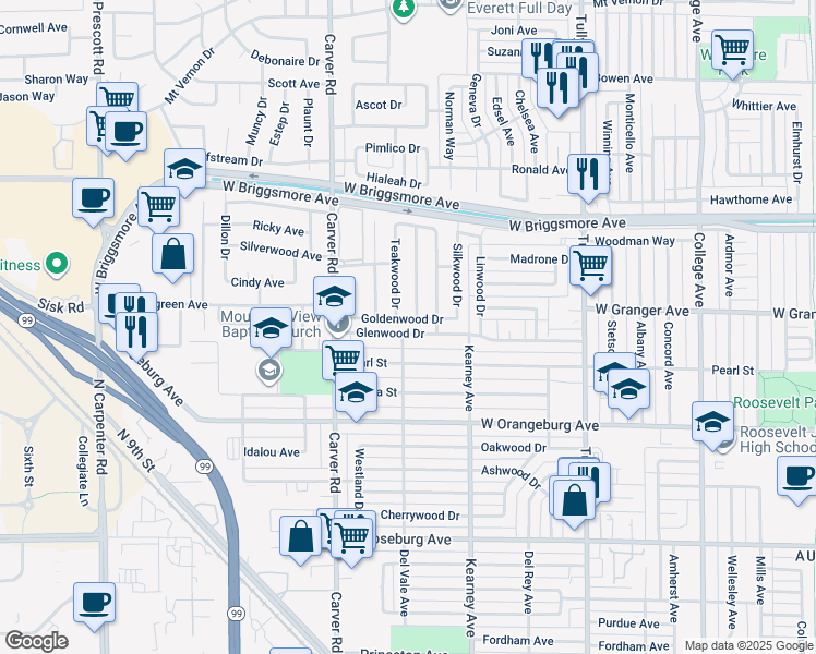 map of restaurants, bars, coffee shops, grocery stores, and more near 1533 Glenwood Drive in Modesto