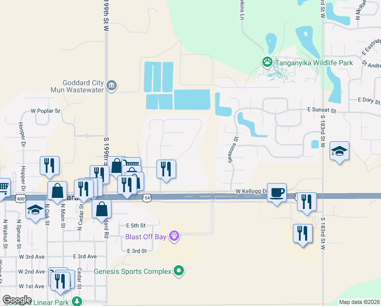 map of restaurants, bars, coffee shops, grocery stores, and more near 1201 Harvest Lane in Goddard