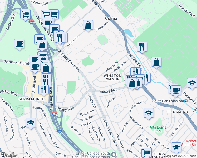map of restaurants, bars, coffee shops, grocery stores, and more near 132 Duval Drive in South San Francisco
