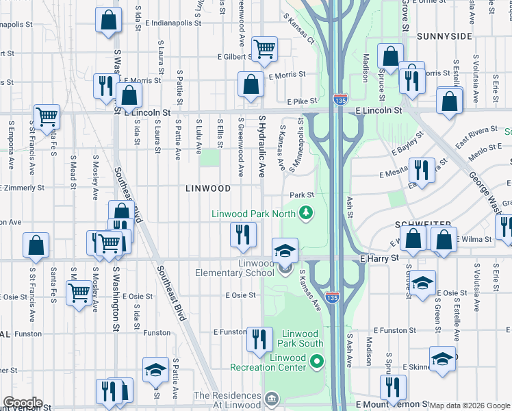 map of restaurants, bars, coffee shops, grocery stores, and more near 1444 South Hydraulic Avenue in Wichita