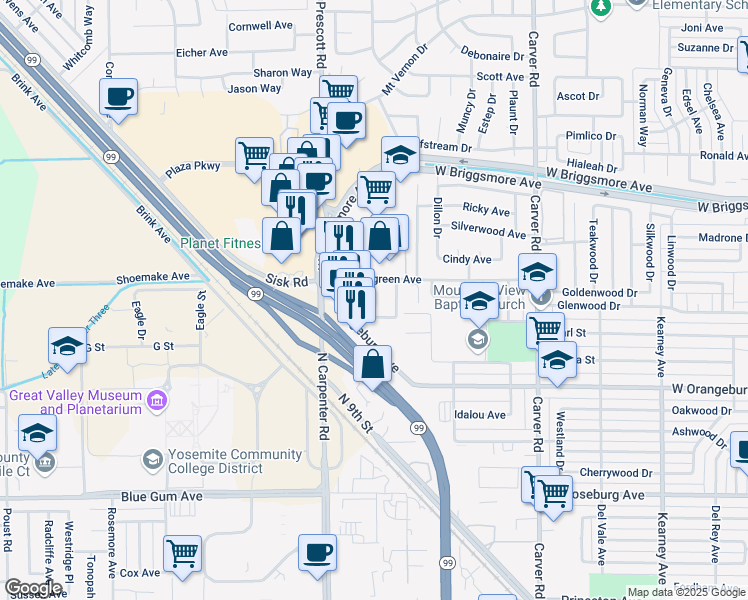 map of restaurants, bars, coffee shops, grocery stores, and more near Angela Lane in Modesto