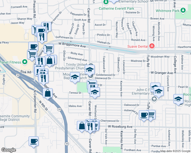 map of restaurants, bars, coffee shops, grocery stores, and more near 1640 Glenwood Drive in Modesto