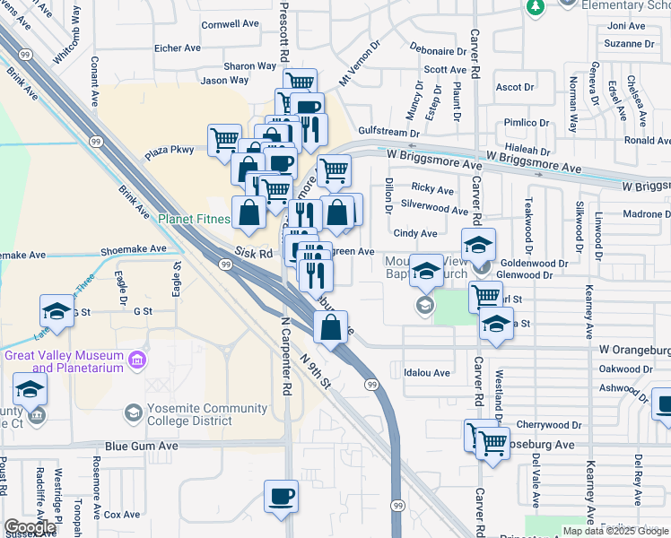 map of restaurants, bars, coffee shops, grocery stores, and more near Angela Lane in Modesto