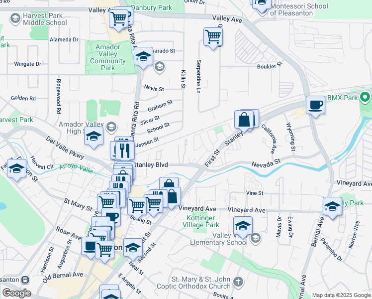 map of restaurants, bars, coffee shops, grocery stores, and more near 201 Del Valle Court in Pleasanton