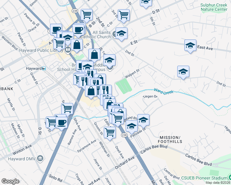 map of restaurants, bars, coffee shops, grocery stores, and more near 928 Fletcher Lane in Hayward