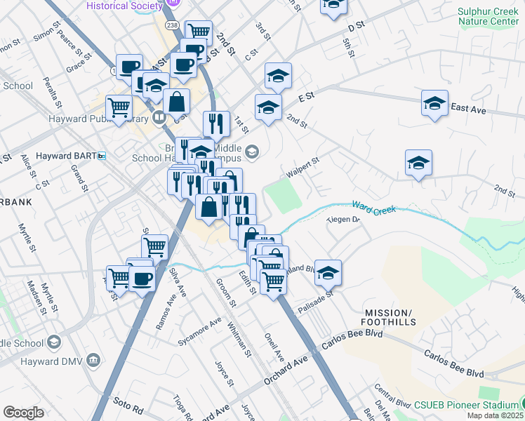 map of restaurants, bars, coffee shops, grocery stores, and more near 928 Fletcher Lane in Hayward