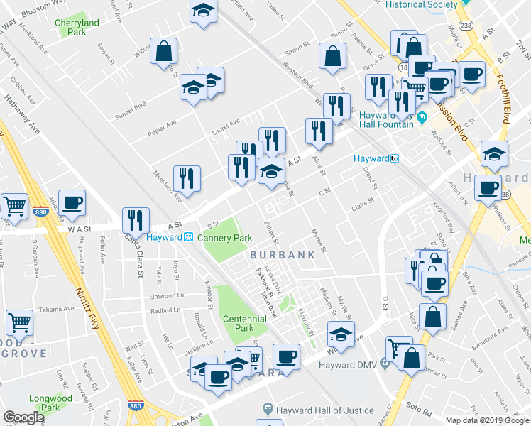 map of restaurants, bars, coffee shops, grocery stores, and more near 22738 Filbert Street in Hayward
