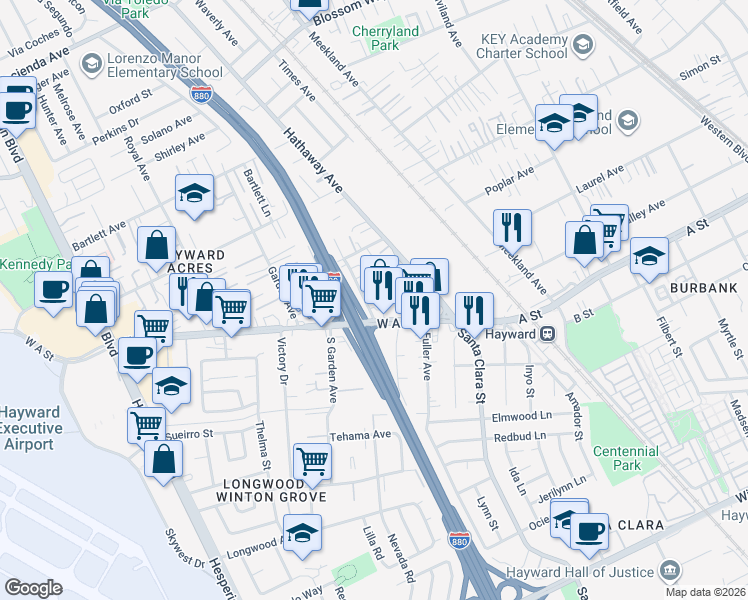 map of restaurants, bars, coffee shops, grocery stores, and more near 384 West A Street in Hayward
