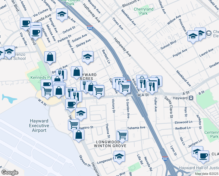 map of restaurants, bars, coffee shops, grocery stores, and more near 631 West A Street in Hayward