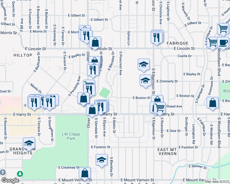 map of restaurants, bars, coffee shops, grocery stores, and more near 5112 East Boston Street in Wichita