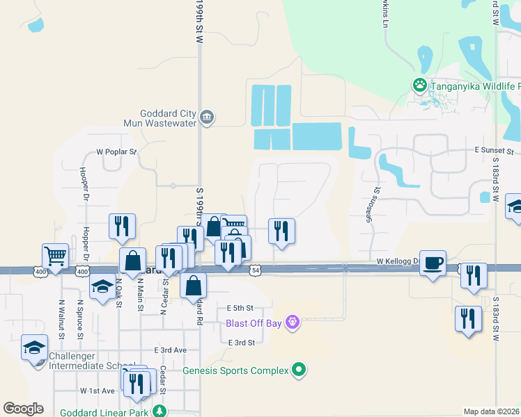 map of restaurants, bars, coffee shops, grocery stores, and more near 19912 West Kellogg Drive in Goddard