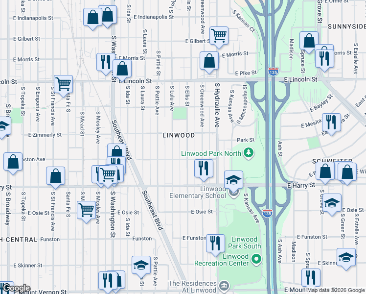 map of restaurants, bars, coffee shops, grocery stores, and more near 1443 Ellis South in Wichita