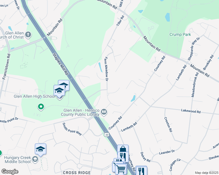 map of restaurants, bars, coffee shops, grocery stores, and more near 10505 Farm Meadow Drive in Glen Allen