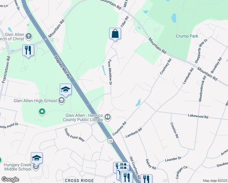 map of restaurants, bars, coffee shops, grocery stores, and more near 10505 Farm Meadow Drive in Glen Allen