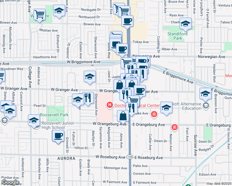 map of restaurants, bars, coffee shops, grocery stores, and more near 1540 Florida Avenue in Modesto