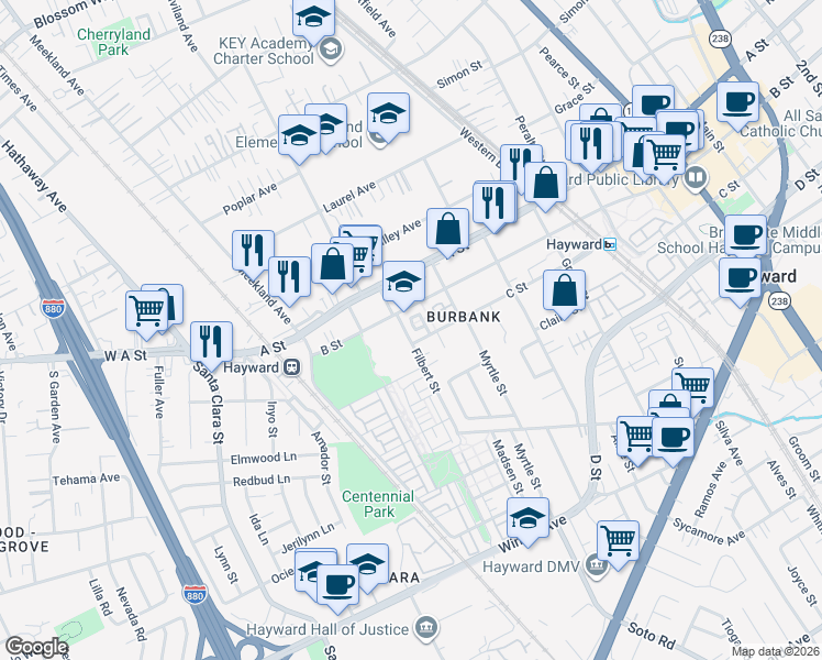 map of restaurants, bars, coffee shops, grocery stores, and more near 22738 Filbert Street in Hayward