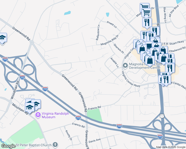 map of restaurants, bars, coffee shops, grocery stores, and more near 1836 Bellamy Place in Glen Allen