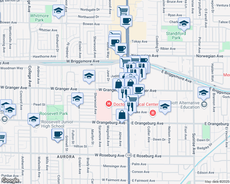 map of restaurants, bars, coffee shops, grocery stores, and more near 1540 Florida Avenue in Modesto