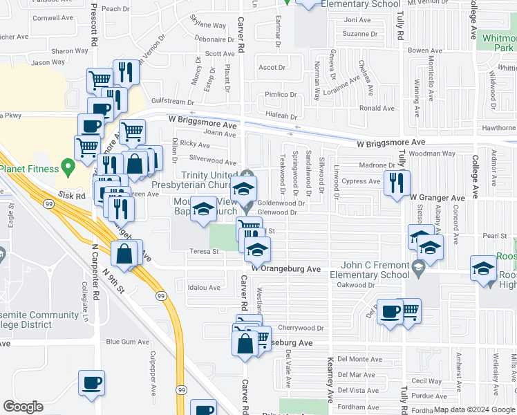 map of restaurants, bars, coffee shops, grocery stores, and more near 1626 Goldenwood Drive in Modesto