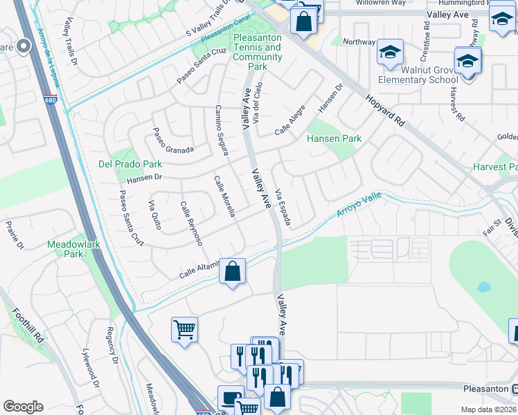 map of restaurants, bars, coffee shops, grocery stores, and more near 7800 Paseo Santa Cruz in Pleasanton