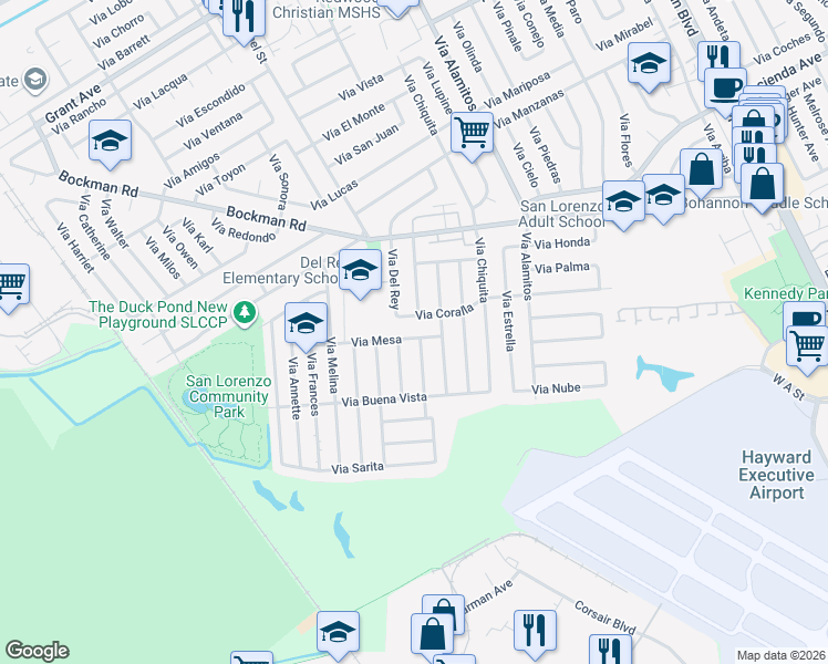 map of restaurants, bars, coffee shops, grocery stores, and more near 1515 Via Mesa in San Lorenzo