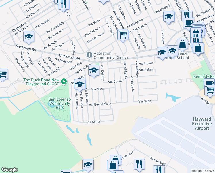 map of restaurants, bars, coffee shops, grocery stores, and more near 1515 Via Mesa in San Lorenzo
