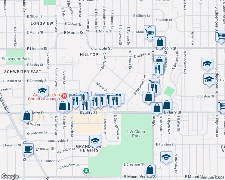 map of restaurants, bars, coffee shops, grocery stores, and more near 1355 South Terrace Drive in Wichita