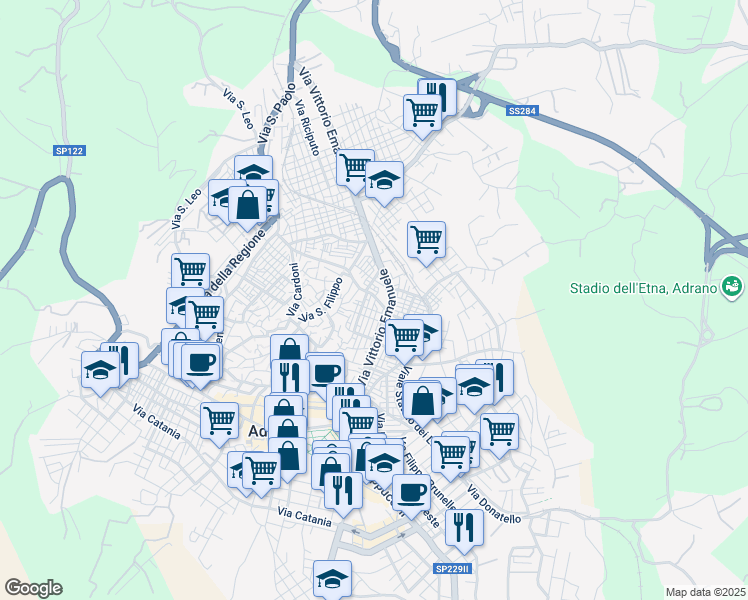 map of restaurants, bars, coffee shops, grocery stores, and more near 57 Via Verdi in Adrano