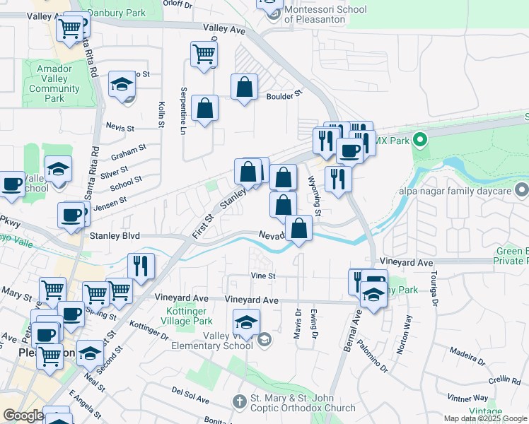 map of restaurants, bars, coffee shops, grocery stores, and more near 3716 Stanley Boulevard in Pleasanton