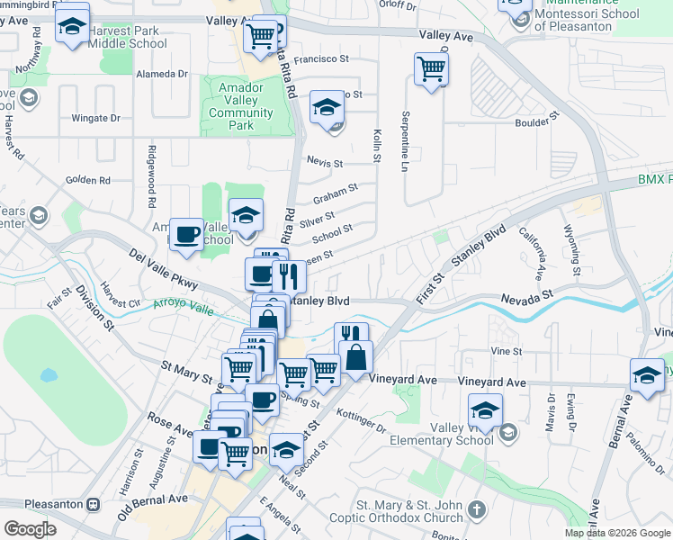 map of restaurants, bars, coffee shops, grocery stores, and more near 4095 Stanley Boulevard in Pleasanton