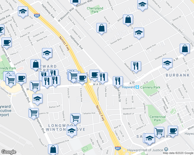 map of restaurants, bars, coffee shops, grocery stores, and more near in Hayward