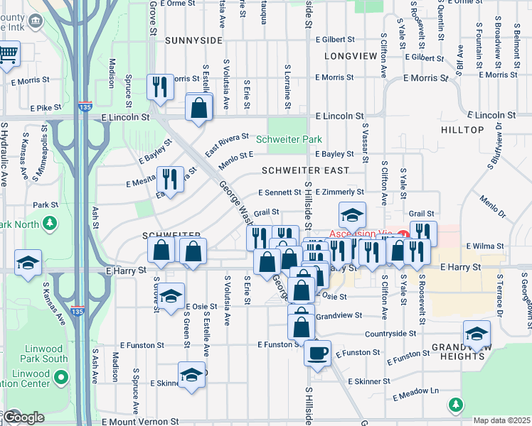 map of restaurants, bars, coffee shops, grocery stores, and more near 1400 S George Washington Dr in Wichita