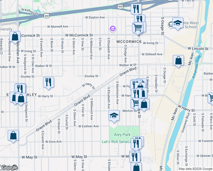 map of restaurants, bars, coffee shops, grocery stores, and more near 1515 South Elizabeth in Wichita