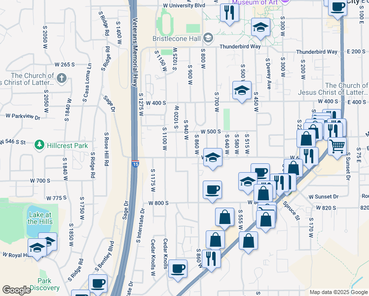map of restaurants, bars, coffee shops, grocery stores, and more near 564 South 940 West in Cedar City