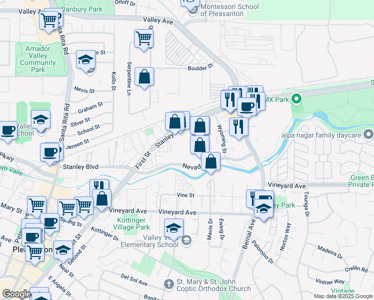map of restaurants, bars, coffee shops, grocery stores, and more near 3716 Stanley Boulevard in Pleasanton