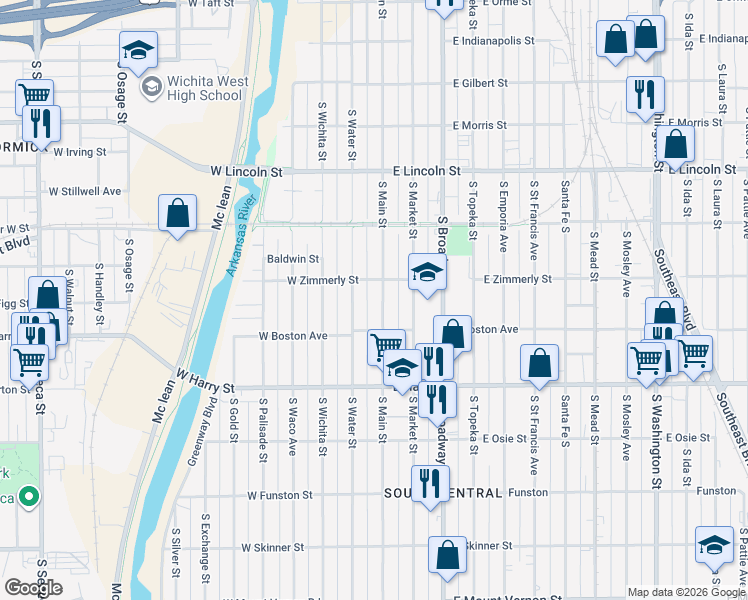 map of restaurants, bars, coffee shops, grocery stores, and more near 1350 South Main Street in Wichita