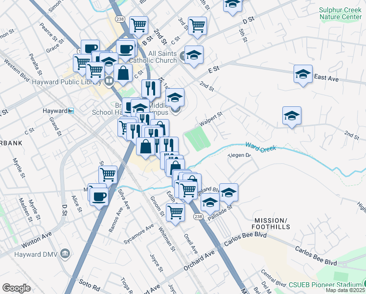 map of restaurants, bars, coffee shops, grocery stores, and more near 944 Fletcher Lane in Hayward