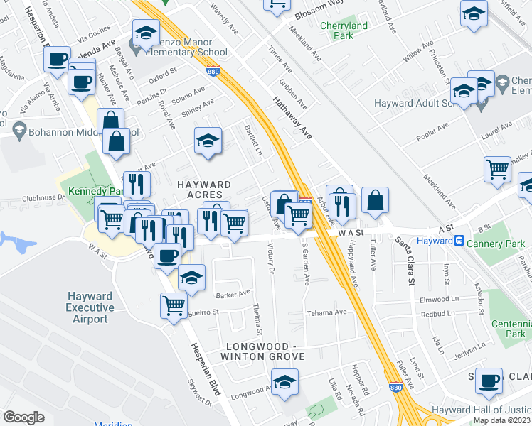 map of restaurants, bars, coffee shops, grocery stores, and more near 21633 Garden Avenue in Hayward
