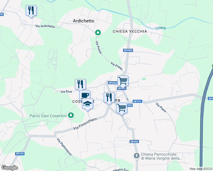 map of restaurants, bars, coffee shops, grocery stores, and more near 54 Via Cosentini in Linera