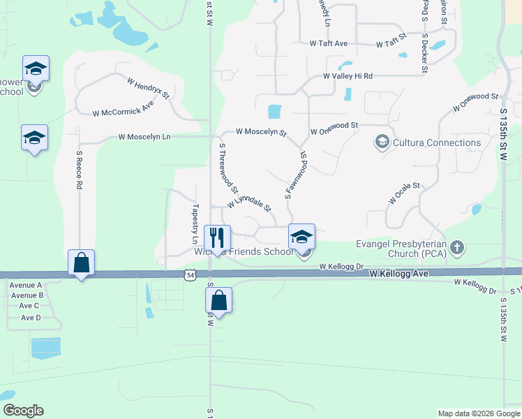map of restaurants, bars, coffee shops, grocery stores, and more near 14904 West Lynndale Street in Wichita