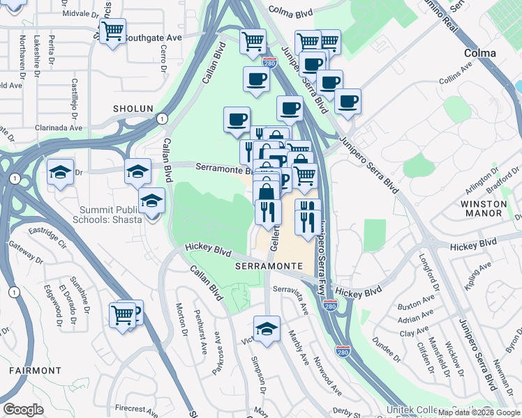 map of restaurants, bars, coffee shops, grocery stores, and more near 360 Innisfree Drive in Daly City