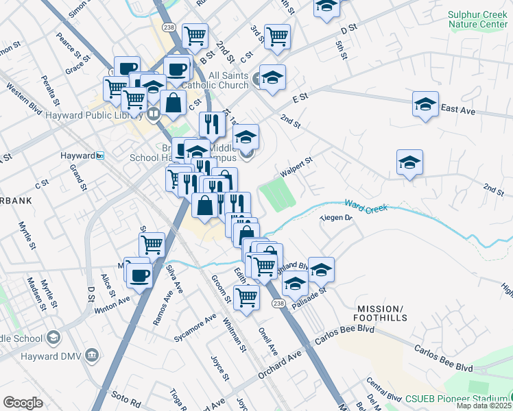 map of restaurants, bars, coffee shops, grocery stores, and more near 949 Fletcher Lane in Hayward