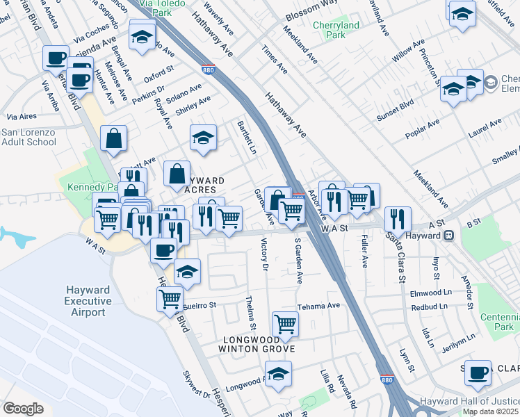 map of restaurants, bars, coffee shops, grocery stores, and more near 21631 Garden Avenue in Hayward
