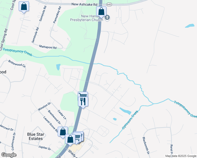 map of restaurants, bars, coffee shops, grocery stores, and more near 9453 Assembly Way in Mechanicsville
