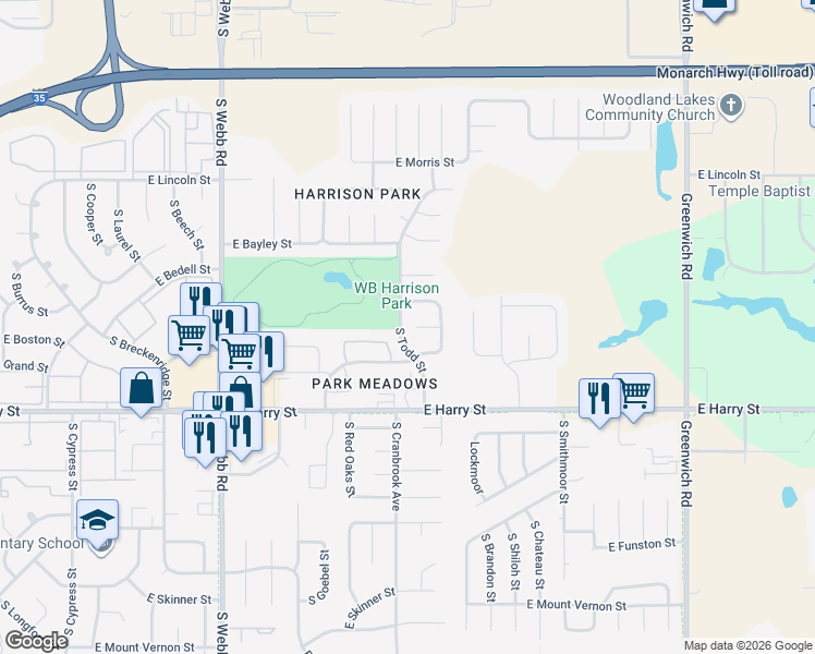 map of restaurants, bars, coffee shops, grocery stores, and more near 1300 South Webb Road in Wichita