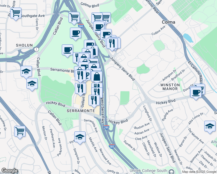 map of restaurants, bars, coffee shops, grocery stores, and more near 357 Half Moon Lane in Daly City