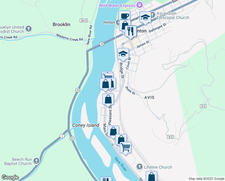 map of restaurants, bars, coffee shops, grocery stores, and more near 125 Bridge Street in Hinton