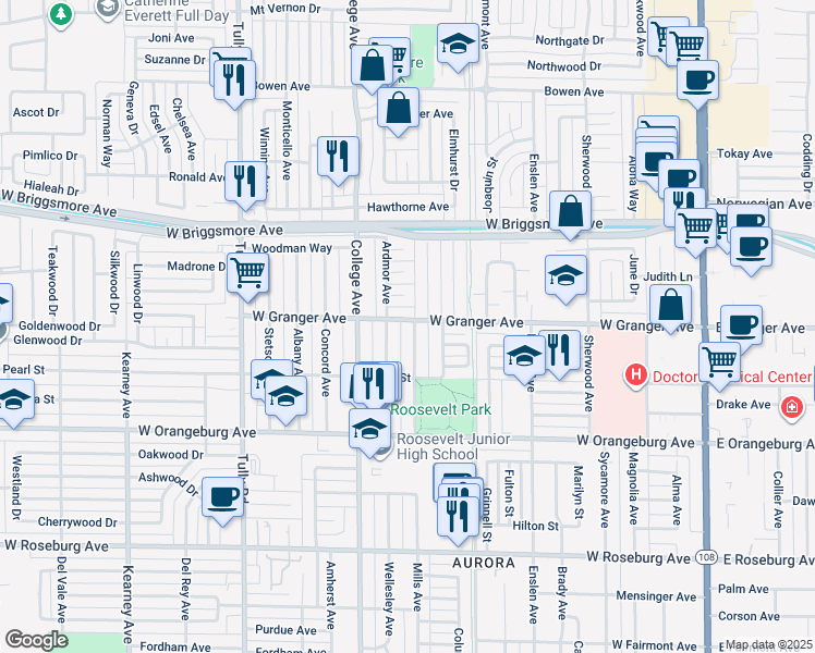 map of restaurants, bars, coffee shops, grocery stores, and more near 1615 Bronson Avenue in Modesto