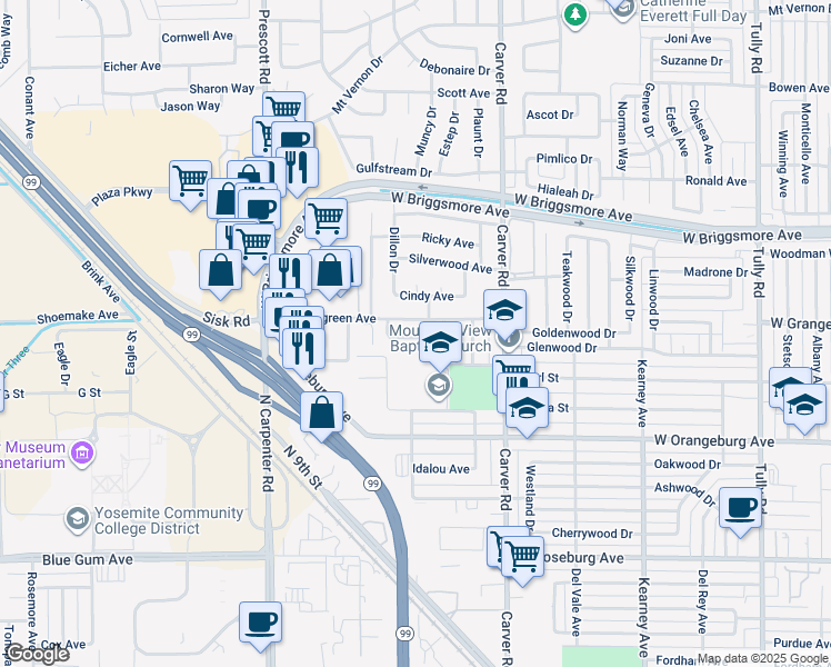 map of restaurants, bars, coffee shops, grocery stores, and more near 1917 Evergreen Avenue in Modesto